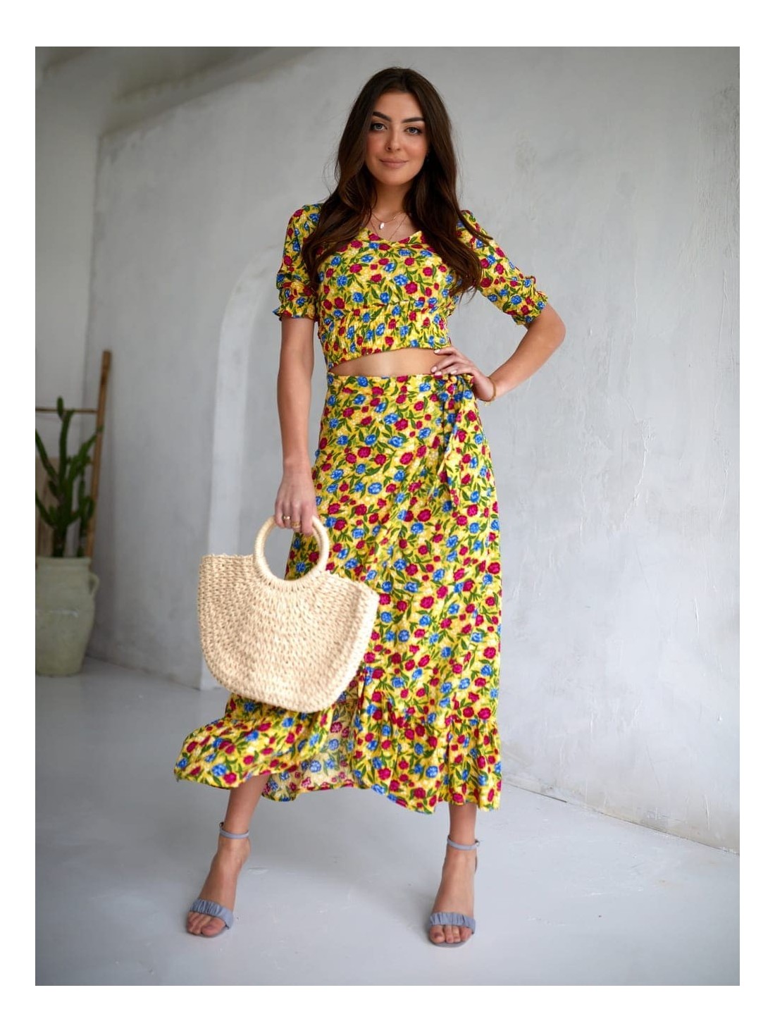 Summer set with flowers, yellow maxi blouse and skirt 3364 - Online store - Boutique